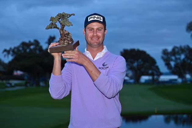 January 25, 2025: Harris English holds his trophy after winning the the Farmers Insurance Open on Torrey Pines South Course in San Diego, California. CSM San Diego USA - ZUMAc04_ 20250125_zma_c04_240 Copyright: xJustinxFinex