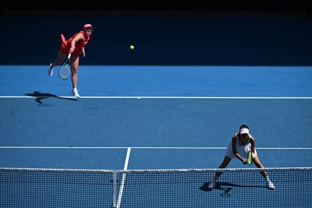 TENNIS AUSTRALIAN OPEN, Jelena Ostapenko (left) of Latvia and Su-Wei Hsieh of Chinese Taipei (right) during Women?s Doubles final against Katerina Siniakova of the Czech Republic and Taylor Townsend of the USA during the 2025 Australian Open at Melbourne Park in Melbourne, Sunday, January 26, 2025. ( NO ARCHIVING, EDITORIAL USE ONLY, NO USE IN BOOKS WITHOUT CONSENT MELBOURNE VICTORIA AUSTRALIA  Copyright: xJAMESxROSSx 20250126155860378428