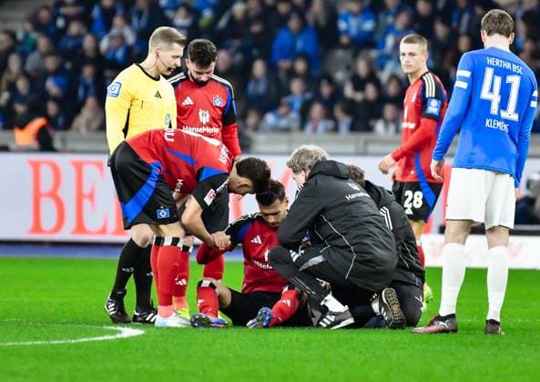 Fussball 2.Bundesliga, Hertha BSC Berlin - Hamburger SV 25.01.2025, xdanx, Fussball 2.Bundesliga, Hertha BSC Berlin - Hamburger SV v.l. Daniel Elfadli (Hamburger SV 8),Davie Selke (Hamburger SV 27) verletzt sitzend auf dem Rasen (DFL DFB REGULATIONS PROHIBIT ANY USE OF PHOTOGRAPHS as IMAGE SEQUENCES and or QUASI-VIDEO) Daniel Lakomski Mix1 Berlin Olympiastadion Berlin Deutschland (DEU)