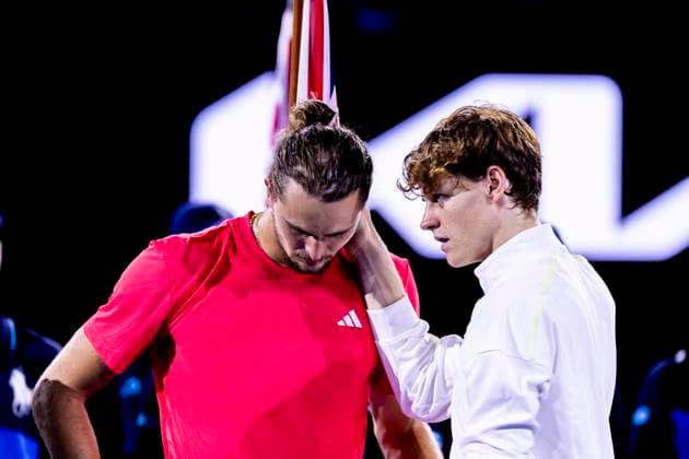 MELBOURNE, VIC - JANUARY 26: Jannik Sinner of italy speaks to Alexander Zverev of Germany after Men s Singles Final of the 2025 Australian Open on January 26 2025, at Melbourne Park in Melbourne, Australia. (Photo by Jason Heidrich Icon Sportswire) TENNIS: JAN 26 Australian Open EDITORIAL USE ONLY Icon250126012