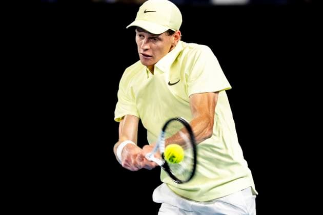 MELBOURNE, VIC - JANUARY 26: Jannik Sinner of Italy in action during the Men s Singles Final of the 2025 Australian Open on January 26 2025, at Melbourne Park in Melbourne, Australia. (Photo by Jason Heidrich Icon Sportswire) TENNIS: JAN 26 Australian Open EDITORIAL USE ONLY Icon250126079