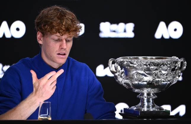 TENNIS AUSTRALIAN OPEN, Jannik Sinner of Italy reacts during a press conference, PK, Pressekonferenz after winning the Men?s singles final against Alexander Zverev of Germany at the 2025 Australian Open at Melbourne Park in Melbourne, Sunday, January 26, 2025. ( NO ARCHIVING, EDITORIAL USE ONLY, NO USE IN BOOKS WITHOUT CONSENT MELBOURNE VICTORIA AUSTRALIA  Copyright: xJOELxCARRETTx 20250127197193637871