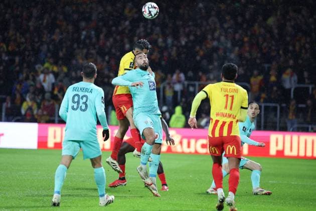 FOOTBALL : RC Lens vs Angers SCO - Ligue 1 - 26 01 2025 Jim ALLEVINAH (Angers SCO) lors du match RC Lens - Angers SCO, Ligue 1, stade Bollaert-Delelis, le 26 janvier 2025  Copyright: xLaurentxSANSONx