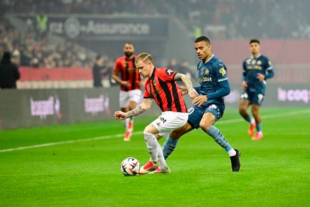 FOOTBALL : OGC Nice VS Olympique de Marseille - Ligue 1 McDonald s - 26 01 2025 L OGC Nice recoit l Olympique de Marseille Ã l Allianz Riviera dans le cadre de la 19e journÃ e de Ligue 1 McDonald s. Melvin Bard (OGCN) Mason Greenwood (OM) NiceFrance  Copyright: xWilliamxCannarellax