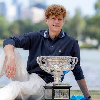 (250127) -- MELBOURNE, Jan. 27, 2025 -- Jannik Sinner of Italy poses with the trophy during the Australian Open winner photo shoot at the Albert Park Lake, in Melbourne, Australia, Jan. 27, 2025. (Photo by Xinhua) (SP)AUSTRALIA-MELBOURNE-TENNIS-AUSTRALIAN OPEN-TROPHY ChuxChen 