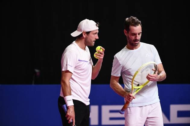 TENNIS : Open Sud de France ATP, Tennis Herren 250 - 27 01 2025 MONTPELLIER, FRANCE - JANUARY 27 : Robin HAASE (NED) - Botic VAN DE ZANDSCHULP (NED) vs. Richard GASQUET (FRA) - Lucas POUILLE (FRA) during the qualifying final of the ATP 250 Open Sud de France tournament in Montpellier, France on January 27th, 2025. MontpellierFrance  Copyright: xValentinaxClaretx