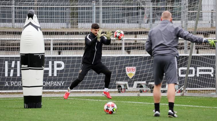 28.01.2025 Stuttgart , Champions League Fußball VfB Stuttgart vs. Paris St. Germain, VfB Stuttgart Abschlusstraining, Fabian Bredlow (Mitte) Gemäß den Vorgaben der DFL Deutschen Fuï¬‚ball Liga ist es untersagt, in dem Stadion und oder vom Spiel angefertigte Fotoaufnahmen in Form von Sequenzbildern und oder videoähnlichen Fotostrecken zu verwerten bzw. verwerten zu lassen.
