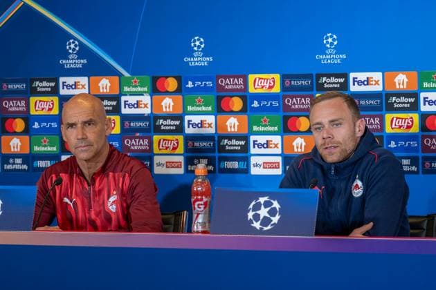 SOCCER - UEFA CL, RBS vs Atletico SALZBURG,AUSTRIA,28.JAN.25 - SOCCER - UEFA Champions League, Red Bull Salzburg vs Atletico Madrid, preview, press conference, PK, Pressekonferenz RBS. Image shows head coach Thomas Letsch and Alexander Schlager (RBS).  GEPAxpictures xWolfgangxKofler
