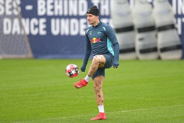 RB Leipzig - Training Champions League Leipzig, 28.01.2025, RBL Trainingszentrum, UEFA Champions League, RB LEIPZIG Abschlusstraining vorm morgigen Spiel bei Sturm Graz , Im Bild: David Raum , Nur zur redaktionellen Nutzung. Editorial use only. ,