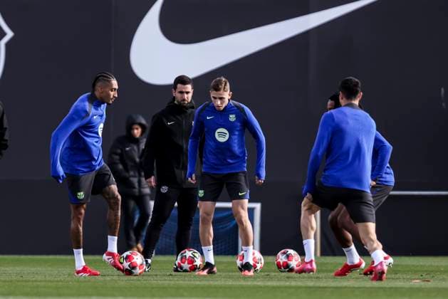 January 28, 2025, Sant Joan Despi, Barcelona, SPAIN: Raphinha Dias Belloli and Fermin Lopez during the training day of FC Barcelona, Barca ahead UEFA Champions League, football match against Atalanta BC at Ciudad Esportiva Joan Gamper on January 28, 2025 in Sant Joan Despi, Barcelona, Spain. Sant Joan Despi SPAIN - ZUMAa181 20250128_zaa_a181_024 Copyright: xJavierxBorregox