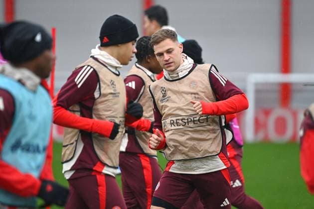 Joshua KIMMICH (Bayern Muenchen), Jamal MUSIALA (Bayern Muenchen), Aktion. Abschlusstraining,Training . Fussball Champions League Ligaphase, FC Bayern Muenchen - SK Slovan Bratislava am 29.01.2025 , A L L I A N Z A R E N A.