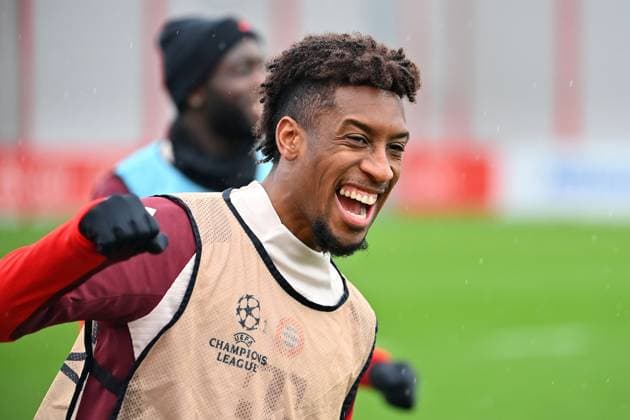 Kingsley COMAN (Bayern Muenchen), lacht,lachen,lachend,optimistisch,gutgelaunt, Aktion,Einzelbild,angeschnittenes Einzelmotiv,Portraet,Portrait,Porträt Abschlusstraining,Training . Fussball Champions League Ligaphase, FC Bayern Muenchen - SK Slovan Bratislava am 29.01.2025 , A L L I A N Z A R E N A.