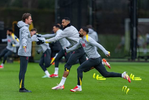 Football - UEFA Champions League - League Phase - PSV Eindhoven v Liverpool FC - MD-1 LIVERPOOL, ENGLAND - Tuesday, January 28, 2025: Liverpool s Cody Gakpo (L) and Mohamed Salah during a training session at the AXA Training Centre ahead of the UEFA Champions League match between PSV Eindhoven and Liverpool FC. (Photo by Jon Super Propaganda) LIVERPOOL AXA Training Centre MERSEYSIDE ENGLAND  Copyright: xDavidxRawcliffex P2025-01-28-PSV_Liverpool_MD-1-23
