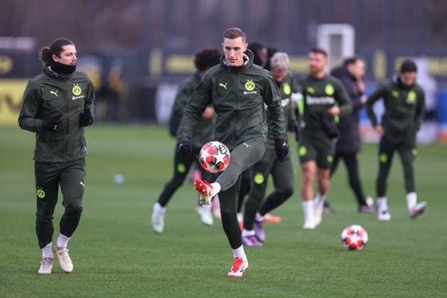 28.01.2025, Abschlusstraining zum UEFA Champions League Spiel zwischen Borussia Dortmund und Shakhtar Donetsk, v. l. Marcel Sabitzer (Borussia Dortmund), Nico Schlotterbeck (Borussia Dortmund), Dortmund Trainingsgelände Borussia Dortmund NRW Deutschland xRHR-FOTO DEx Copyright: DennisxEwert RHR-FOTOx RHR-FOTO DE