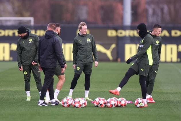 28.01.2025, Abschlusstraining zum UEFA Champions League Spiel zwischen Borussia Dortmund und Shakhtar Donetsk, v. l. Emre Can (Borussia Dortmund), Julian Brandt (Borussia Dortmund), Nico Schlotterbeck (Borussia Dortmund), Dortmund Trainingsgelände Borussia Dortmund NRW Deutschland xRHR-FOTO DEx Copyright: DennisxEwert RHR-FOTOx RHR-FOTO DE