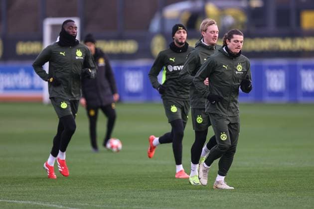 28.01.2025, Abschlusstraining zum UEFA Champions League Spiel zwischen Borussia Dortmund und Shakhtar Donetsk, v. l. Serhou Guirassy (Borussia Dortmund), Ramy Bensebaini (Borussia Dortmund), Julian Brandt (Borussia Dortmund), Marcel Sabitzer (Borussia Dortmund), Dortmund Trainingsgelände Borussia Dortmund NRW Deutschland xRHR-FOTO DEx Copyright: DennisxEwert RHR-FOTOx RHR-FOTO DE