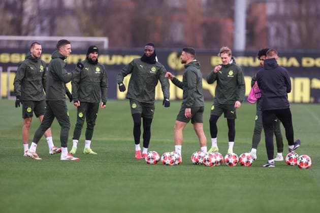 28.01.2025, Abschlusstraining zum UEFA Champions League Spiel zwischen Borussia Dortmund und Shakhtar Donetsk, v. l. Waldemar Anton (Borussia Dortmund), Nico Schlotterbeck (Borussia Dortmund), Emre Can (Borussia Dortmund), Serhou Guirassy (Borussia Dortmund), Salih Özcan (Borussia Dortmund), Julian Brandt (Borussia Dortmund), Dortmund Trainingsgelände Borussia Dortmund NRW Deutschland xRHR-FOTO DEx Copyright: DennisxEwert RHR-FOTOx RHR-FOTO DE