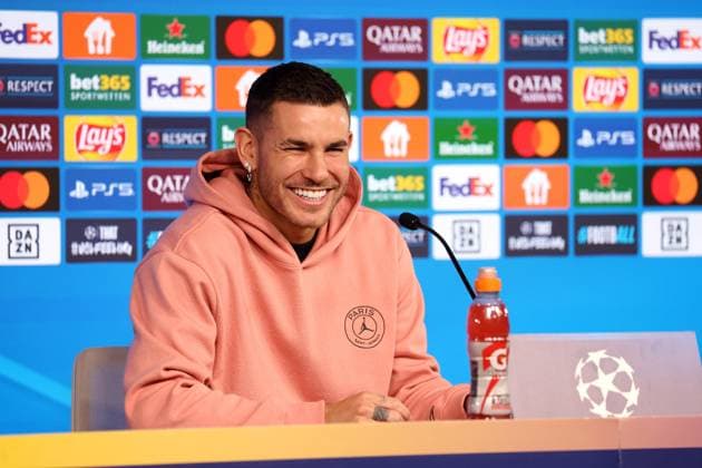 28.01.2025 Stuttgart , Champions League Fußball VfB Stuttgart vs. Paris St. Germain, Paris St. Germain PK, Lucas Hernandez Gemäß den Vorgaben der DFL Deutschen Fuï¬‚ball Liga ist es untersagt, in dem Stadion und oder vom Spiel angefertigte Fotoaufnahmen in Form von Sequenzbildern und oder videoähnlichen Fotostrecken zu verwerten bzw. verwerten zu lassen.