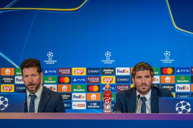 SOCCER - UEFA CL, RBS vs Atletico SALZBURG,AUSTRIA,28.JAN.25 - SOCCER - UEFA Champions League, Red Bull Salzburg vs Atletico Madrid, preview, press conference, PK, Pressekonferenz Atletico. Image shows head coach Diego Simeone and Rodrigo De Paul (Atletico).  GEPAxpictures xWolfgangxKofler