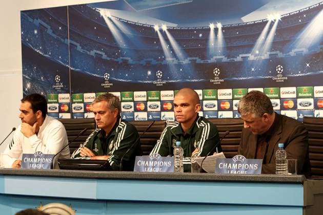 MANCHESTER, UNITED KINGDOM: 21 NOVEMBER 2012 Real Madrid head coach Josà Mourinho (2nd left) and Real Madrid player Pepe (2nd right) address the media during the Real Madrid press conference, PK, Pressekonferenz on the eve of the UEFA Champions League Group D soccer match between Manchester City and Real Madrid at the Etihad Stadium, United Kingdom on 21 November 2012. Manchester City FC v Real Madrid FC UCL_2012-2013
