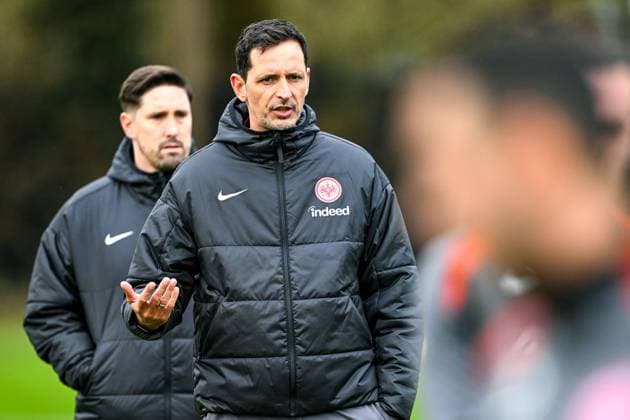 Dino Toppmoeller (Eintracht Frankfurt, Trainer) gestikuliert, GER, Abschlusstraining, Eintracht Frankfurt, Fussball, UEFA Europa League, 8. Spieltag, Spielzeit 2024 25, 29.01.2025. GER, Abschlusstraining, Eintracht Frankfurt, Fussball, UEFA Europa League, 8. Spieltag, Spielzeit 2024 25, 29.01.2025. Frankfurt am Main Copyright: xEibner-Pressefoto FlorianxWiegandx EP_FWD