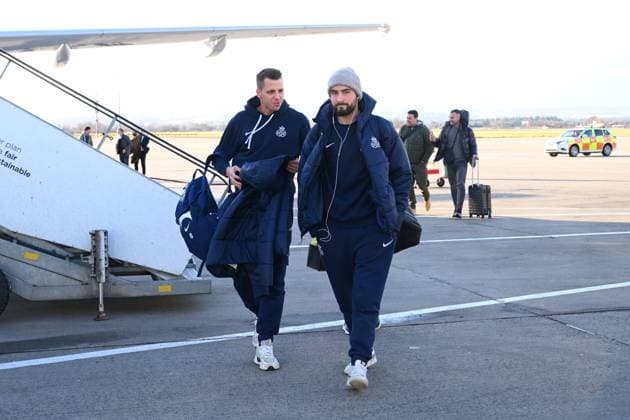Rangers FC v Royale Union Saint-Gilloise - UEFA Europa League Media Activities 29 01 2025 GLASGOW, SCOTLAND - JANUARY 29 : Vanhoutte Charles midfielder of Royale Union Saint-Gilloise, Moris Anthony goalkeeper of Royale Union Saint-Gilloise pictured during arrival at the airport prior the UEFA Europa League 2024 25 League Phase MD8 match between Rangers FC and Royale Union Saint-Gilloise on January 29, 2025 in Glasgow, Scotland, 29 01 2025 Glasgow Scotland  Copyright: xVincentxKalutx