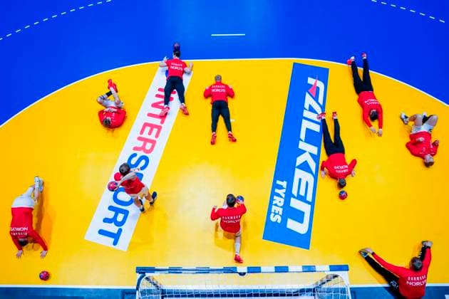 Mens Handball World Cup 2025 Quarterfinal Denmark Brazil Fornebu 20250129 Denmarks team is warming up for the quarterfinal of the Mens Handball World Cup between Denmark and Brazil in Unity arena Photo Stian Lysberg Solum NTB Fornebu Norway EDITORIAL USE ONLY RESTRICTED USE FOR BETTING COMPANIES  Copyright: xStianxLysbergxSolumx xNTBx