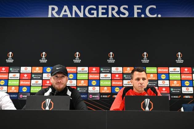 Rangers FC v Royale Union Saint-Gilloise - UEFA Europa League Media Activities 29 01 2025 GLASGOW, SCOTLAND - JANUARY 29 : Pocognoli Sebastien head coach of Royale Union Saint-Gilloise and Moris Anthony goalkeeper of Royale Union Saint-Gilloise talking to the press during a press conference, PK, Pressekonferenz ahead of the UEFA Europa League 2024 25 League Phase MD8 match between Rangers FC and Royale Union Saint-Gilloise on January 29, 2025 in Glasgow, Scotland, 29 01 2025 Glasgow Scotland  Copyright: xVincentxKalutx