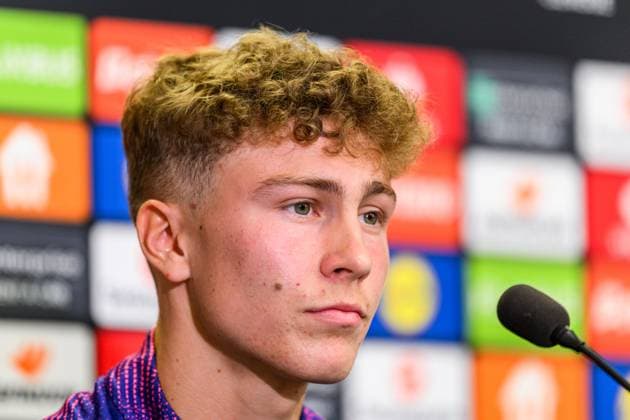 250129 Hugo Bolin of Malmö FF during a UEFA Europa League press conference, PK, Pressekonferenz on January 29, 2025 in Prague. Photo: Mathilda Ahlberg BILDBYRAN kod MA MA0777 fotboll football soccer fotball uefa europa league europa league presskonferens press conference malmö ff bbeng Copyright: MATHILDAxAHLBERG BB250129MA023