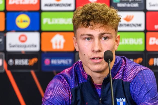 250129 Hugo Bolin of Malmö FF during a UEFA Europa League press conference, PK, Pressekonferenz on January 29, 2025 in Prague. Photo: Mathilda Ahlberg BILDBYRAN kod MA MA0777 fotboll football soccer fotball uefa europa league europa league presskonferens press conference malmö ff bbeng Copyright: MATHILDAxAHLBERG BB250129MA024