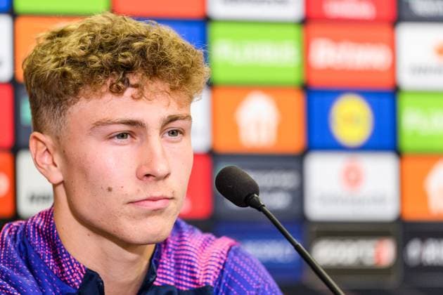 250129 Hugo Bolin of Malmö FF during a UEFA Europa League press conference, PK, Pressekonferenz on January 29, 2025 in Prague. Photo: Mathilda Ahlberg BILDBYRAN kod MA MA0777 fotboll football soccer fotball uefa europa league europa league presskonferens press conference malmö ff bbeng Copyright: MATHILDAxAHLBERG BB250129MA030