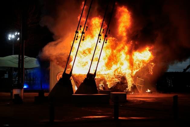 Manchester City v Club Brugge Champions League 29 01 2025. Manchester City merchandise booth goes up in flames ahead of the Champions League match between Manchester City and Club Brugge at the Etihad Stadium, Manchester, England on 29 January 2025. Manchester Etihad Stadium Manchester England Editorial use only , Copyright: xConorxMolloyx PSI-21352-0003