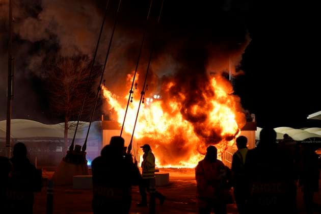 Manchester, England, 29th January 2025. A Manchester City club sho catches fire outside the stadium during the UEFA Champions League match at the Etihad Stadium, Manchester. Picture credit should read: Andrew Yates Sportimage EDITORIAL USE ONLY. No use with unauthorised audio, video, data, fixture lists, club league logos or live services. Online in-match use limited to 120 images, no video emulation. No use in betting, games or single club league player publications. SPI_004_AY_MAN_CITY_BRUGGE SPI-3642-0004