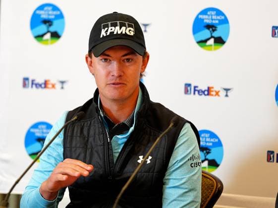 PEBBLE BEACH, CA - JANUARY 29: PGA, Golf Herren golfer Maverick McNealy speaks during a press conference, PK, Pressekonferenz during practice for the AT&T Pebble Beach Pro AM on January 29, 2025, at Pebble Beach Golf Links in Pebble Beach, California. (Photo by Brian Spurlock Icon Sportswire) GOLF: JAN 29 PGA AT&T Pebble Beach Pro-Am EDITORIAL USE ONLY Icon2501291