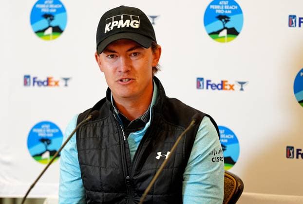 PEBBLE BEACH, CA - JANUARY 29: PGA, Golf Herren golfer Maverick McNealy speaks during a press conference, PK, Pressekonferenz during practice for the AT&T Pebble Beach Pro AM on January 29, 2025, at Pebble Beach Golf Links in Pebble Beach, California. (Photo by Brian Spurlock Icon Sportswire) GOLF: JAN 29 PGA AT&T Pebble Beach Pro-Am EDITORIAL USE ONLY Icon2501292