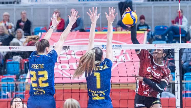 29.1.2025, Volleyball, Frauen, VBL, 1. VBL, 1. Volleyball-Bundesliga, 20. Spieltag, SC Potsdam - SSC Palmberg Schwerin Jaelyn Keene (SSC Palmberg Schwerin, li.) und Karla Antunovic (SSC Palmberg Schwerin, Mitte) gegen Danielle Harbin (SC Potsdam, re.) Potsdam MBS Arena Brandenburg Deutschland