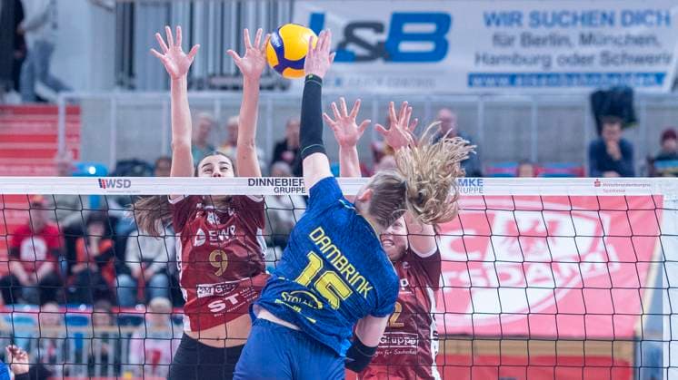 29.1.2025, Volleyball, Frauen, VBL, 1. VBL, 1. Volleyball-Bundesliga, 20. Spieltag, SC Potsdam - SSC Palmberg Schwerin Elles Dambrink (SSC Palmberg Schwerin, Mitte) gegen Anna Koulberg (SC Potsdam, li.) Potsdam MBS Arena Brandenburg Deutschland