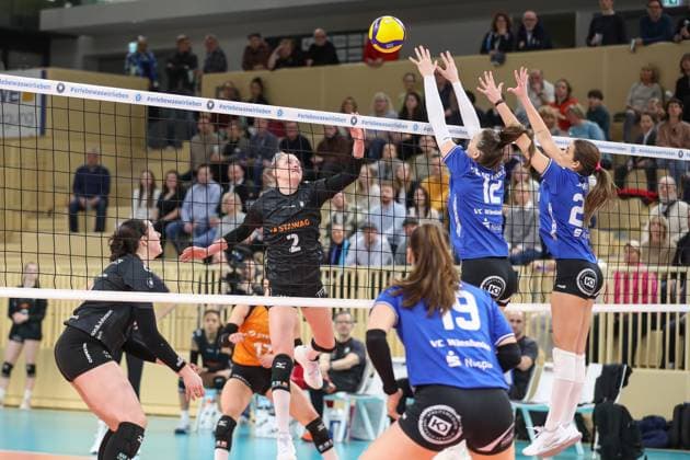 Wiesbaden, Deutschland 29. Januar 2025: 1. VBL - Frauen - 2024 2025 - VC Wiesbaden vs. Ladies in Black Aachen Im Bild: Luisa Keller (Ladies in Black Aachen, 2), Nina Herelova (VC Wiesbaden, 12), Ana Marija Jonjev (VC Wiesbaden, 22), Halle am Platz der deutschen Einheit Berlin Copyright: xFotostandx xUlrichxScherbaumx