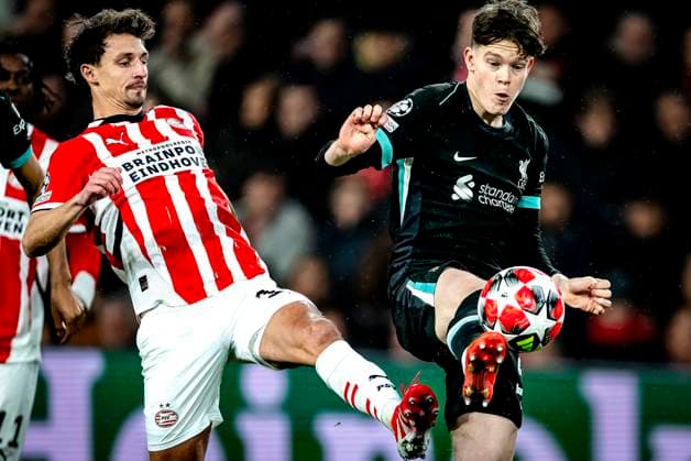 PSV Eindhoven defender Olivier Boscagli, Liverpool FC midfielder James McConnell during the match PSV - Liverpool at the Philips stadium for the Champions League - League phase - Matchday 8 season 2024-2025 in EINDHOVEN, Netherlands on 29 january 2025, (photo by Marcel van Dorst EYE4images DeFodi Images) Defodi-746_211567
