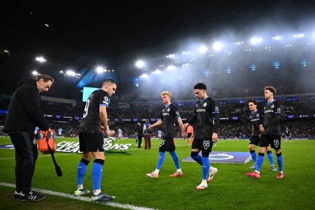 Manchester City v Club Brugge - UEFA Champions League MANCHESTER, ENGLAND - JANUARY 29 : Jutgla Ferran forward of Club Brugge, Talbi Chemsdine midfielder of Club Brugge, Seys Joaquim defender of Club Brugge, De Cuyper Maxim midfielder of Club Brugge and Jashari Ardon midfielder of Club Brugge pictured during the UEFA Champions League 2024 25 League Phase MD8 match between Manchester City and Club Brugge on January 29, 2025 in Manchester, England, 29 01 2025 Manchester England  Copyright: xTomasxSiskx