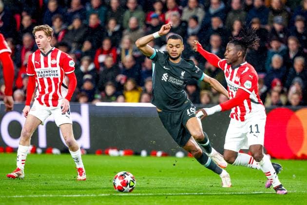 EINDHOVEN, 29-01-2025, Philips Stadium, UEFA Champions League season 2024 25, match between PSV and Liverpool, Liverpool FC player Cody Gakpo and PSV player Johan Bakayoko PSV - Liverpool  x27612584x Copyright: