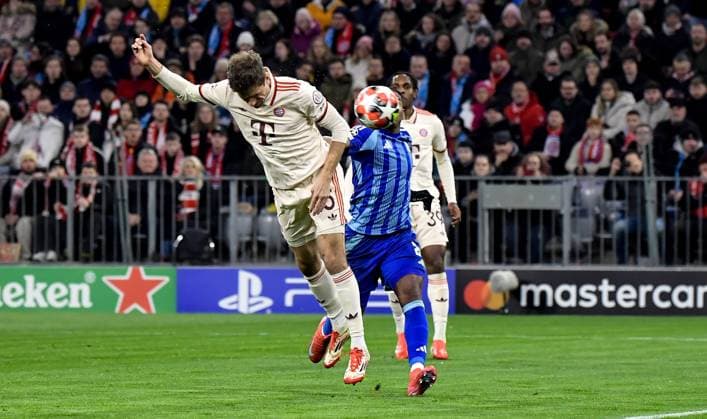 29.01.2025, xemx, Fussball UEFA Champions League, FC Bayern Muenchen - Slovan Bratislava v.l. Thomas Mueller (FC Bayern Muenchen) Goal scored, erziehlt das Tor zum 1:0 (DFL DFB REGULATIONS PROHIBIT ANY USE OF PHOTOGRAPHS as IMAGE SEQUENCES and or QUASI-VIDEO) Muenchen