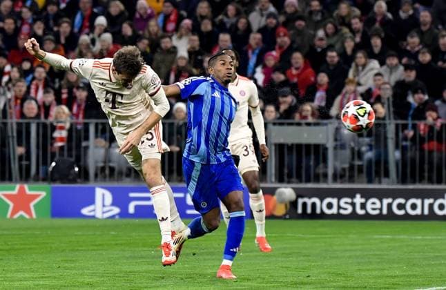 29.01.2025, xemx, Fussball UEFA Champions League, FC Bayern Muenchen - Slovan Bratislava v.l. Thomas Mueller (FC Bayern Muenchen) Goal scored, erziehlt das Tor zum 1:0 (DFL DFB REGULATIONS PROHIBIT ANY USE OF PHOTOGRAPHS as IMAGE SEQUENCES and or QUASI-VIDEO) Muenchen