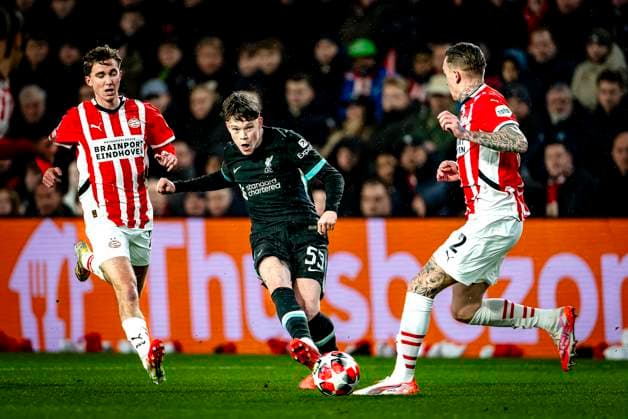 Liverpool FC midfielder James McConnell, PSV Eindhoven defender Rick Karsdorp during the match PSV - Liverpool at the Philips stadium for the Champions League - League phase - Matchday 8 season 2024-2025 in EINDHOVEN, Netherlands on 29 january 2025, (photo by Marcel van Dorst EYE4images DeFodi Images) Defodi-746_211588