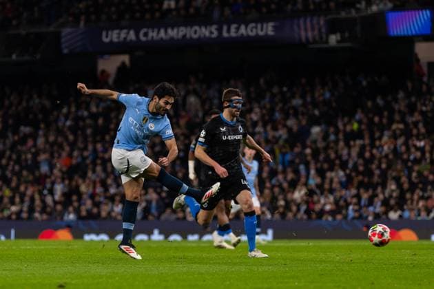 Ilkay Gundogan of Man City score but it is ruled offside during the UEFA Champions League match between Manchester City and Club Brugge at the Etihad Stadium, Manchester, England on 29 January 2025.  Copyright: xThomasxGaddx PMI-6684-0001