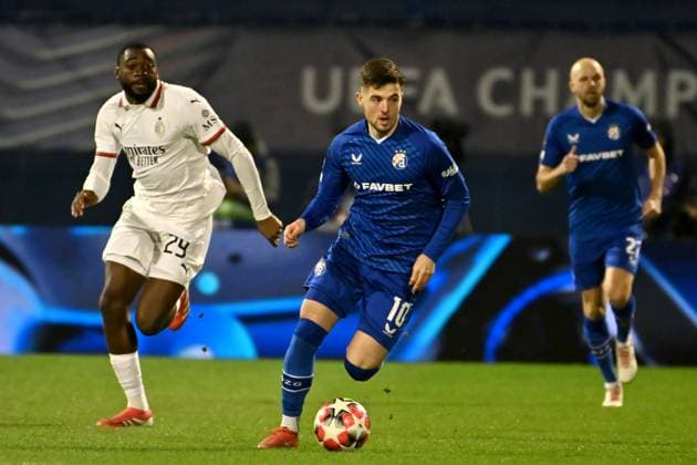 Zagreb, Croatia, January 29th 2024: Martin Baturina of Dinamo Zagreb (C) in action against Youssouf Fofana of Milan (L) during the UEFA Champions League, League phase, match between Dinamo Zagreb and Milan at Stadium Maksimir, Zagreb, Croatia. (Igor Kupljenik SPP) Copyright: xIgorxKupljenikx xSPPx spp-en-IgKuSp-IK3_2253