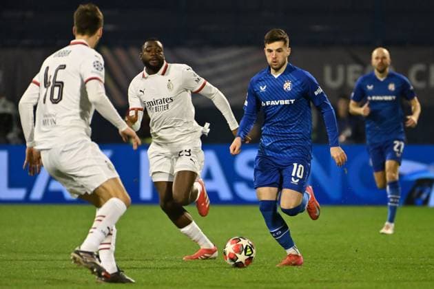 Zagreb, Croatia, January 29th 2024: Martin Baturina of Dinamo Zagreb (2R) in action against Youssouf Fofana of Milan (2L) during the UEFA Champions League, League phase, match between Dinamo Zagreb and Milan at Stadium Maksimir, Zagreb, Croatia. (Igor Kupljenik SPP) Copyright: xIgorxKupljenikx xSPPx spp-en-IgKuSp-IK3_2255
