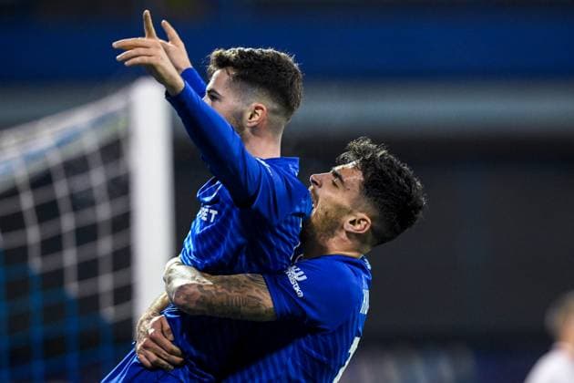 GNK Dinamo v AC Milan - UEFA Champions League 2024 25 League Phase MD8 Martin Baturina and Sandro Kulenovic of Dinamo Zagreb celebrate a goal during the UEFA Champions League 2024 25 League Phase MD8 match between GNK Dinamo and AC Milan at Maksimir Stadium on January 29, 2025. in Zagreb, Croatia.  MarkoxLukunic PIXSELL