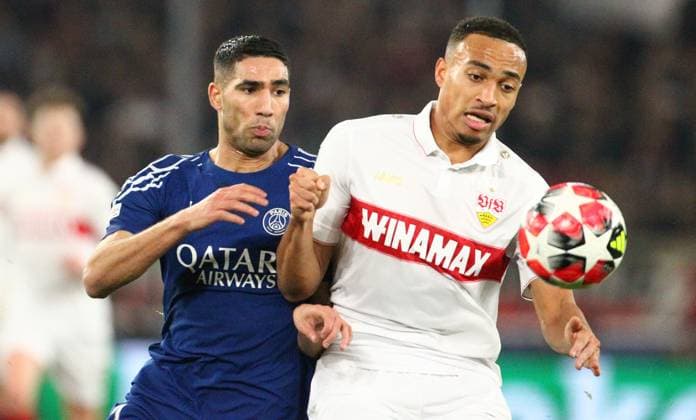 Hakimi - Leweling , Champions League , VfB Stuttgart-PSG Paris Saint Germain , Fußball , in der MHP Arena , Stuttgart , Baden-Württemberg , Deutschland . Januar 29, 2025 . Photo by: Davide Elias Ipa Photo Pressefoto DENL Copyright: xDavidexEliasx
