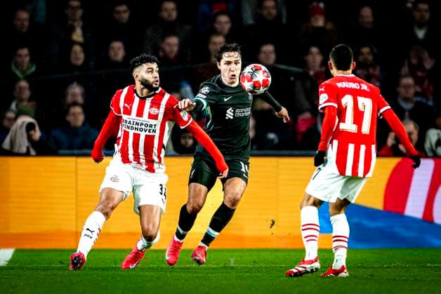 PSV Eindhoven midfielder Ismael saibari, Liverpool FC midfielder Frederico Chiesa during the match PSV - Liverpool at the Philips stadium for the Champions League - League phase - Matchday 8 season 2024-2025 in EINDHOVEN, Netherlands on 29 january 2025, (photo by Marcel van Dorst EYE4images DeFodi Images) Defodi-746_211604